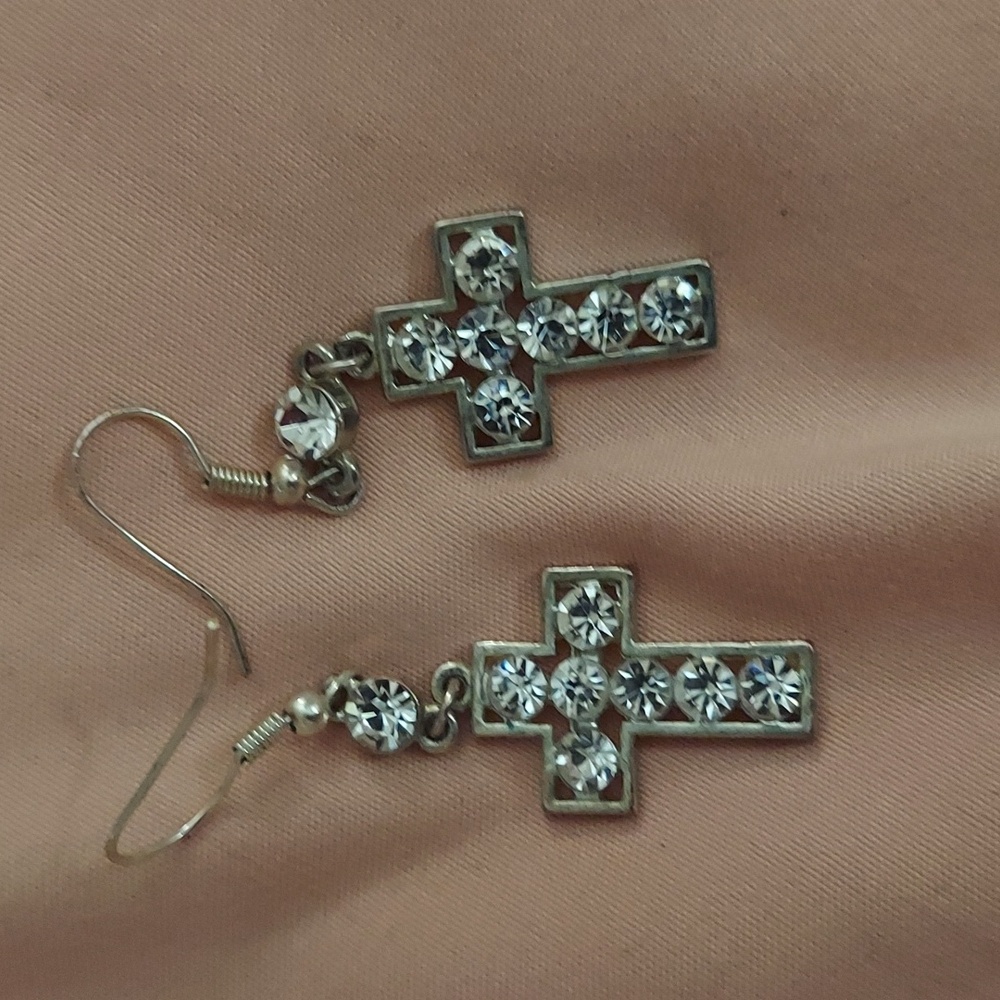Vintage Silver Cross Rhinestone Earrings